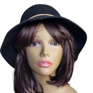 Vintage Saks Fifth Avenue Black 100% Wool Bucket Hat with brown leather accent
